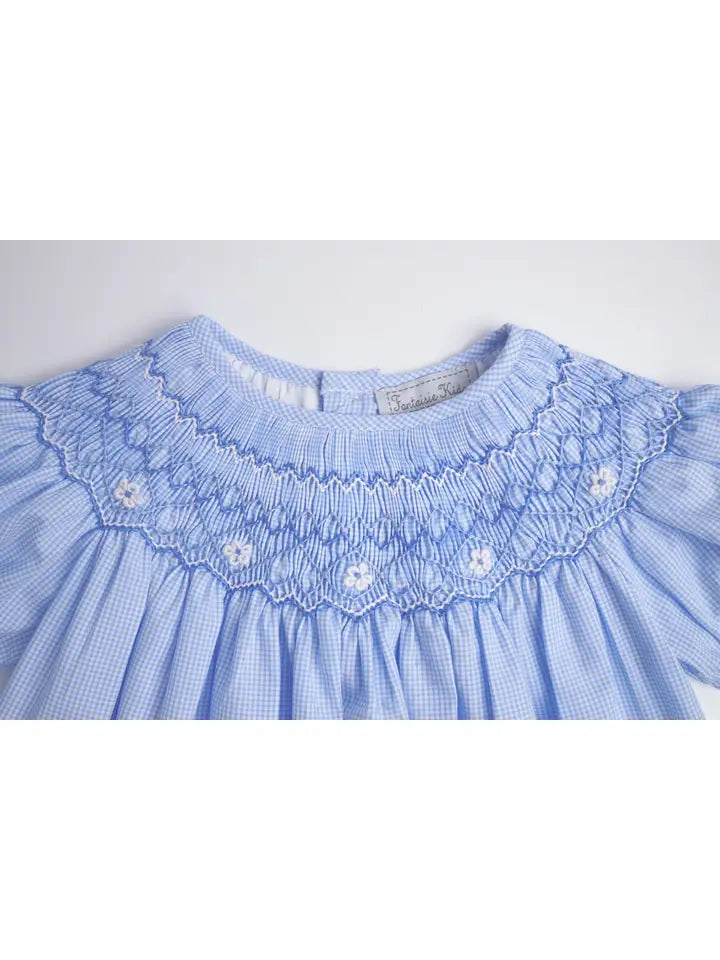 Blue Gingham Smocked Dress + Bloomer