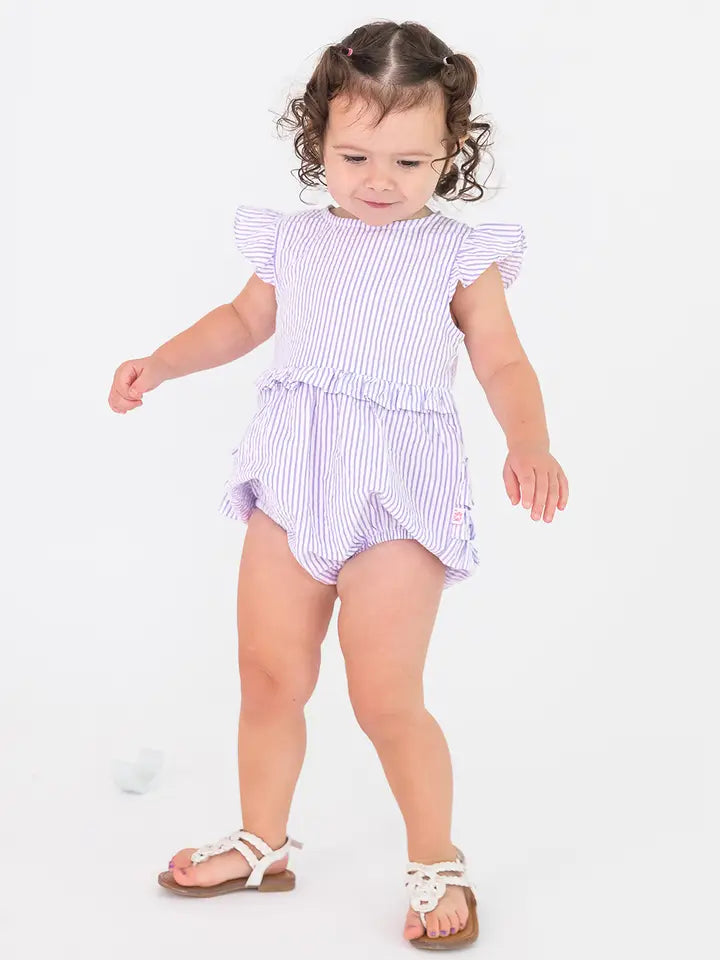 Lavender Seersucker Sleeveless Waist Ruffle Bubble Romper