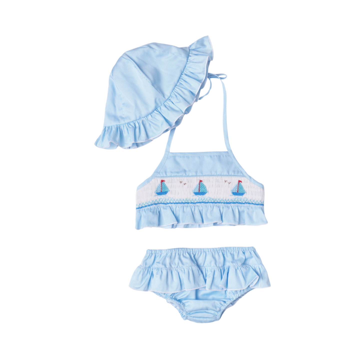 Blue Striped Sailboats Swimwear Set