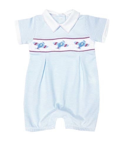 Baby Boy's Striped "Airplanes" Smocked Pima Cotton Romper