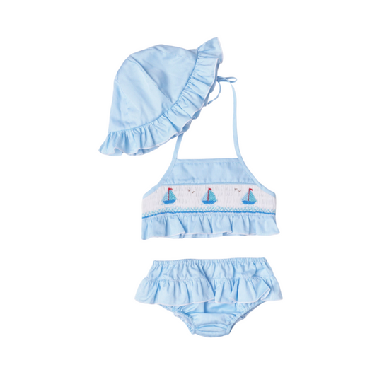 Blue Striped Sailboats Swimwear Set
