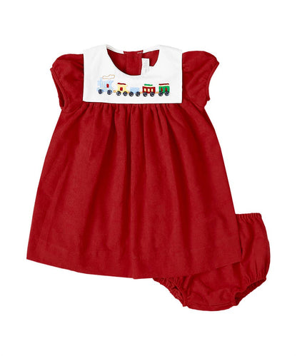 Red Corduroy Train Embroidered Dress